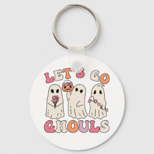 Let's Go Ghouls Groovy Ghost With Vintage Flowers Keychain