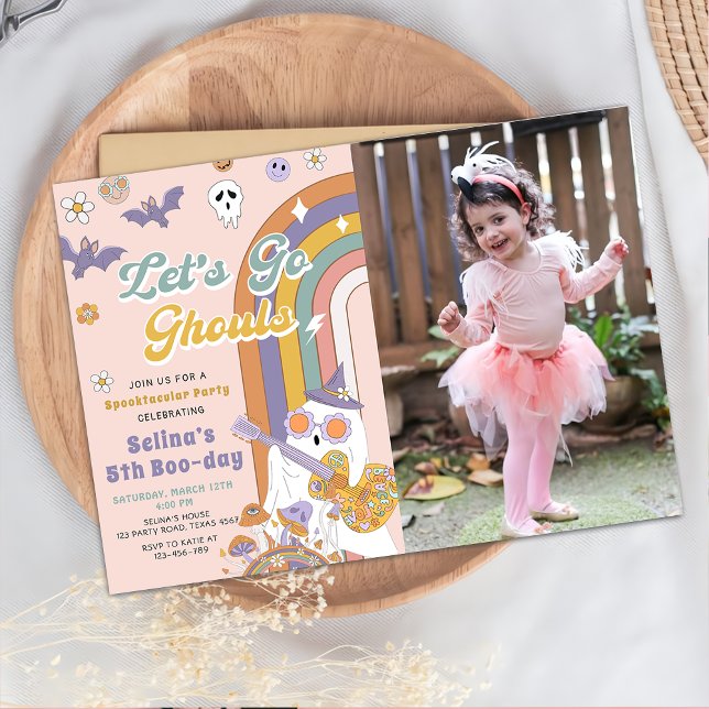 Let's Go Ghouls Groovy Halloween Ghost Birthday Invitation (Creator Uploaded)