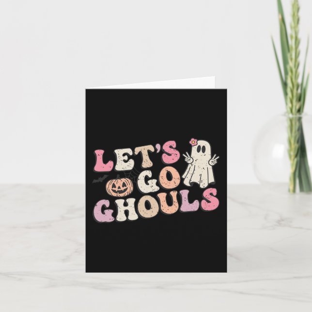 Let's Go Ghouls Halloween Retro Ghost Pumpkin Wome Card (Front)