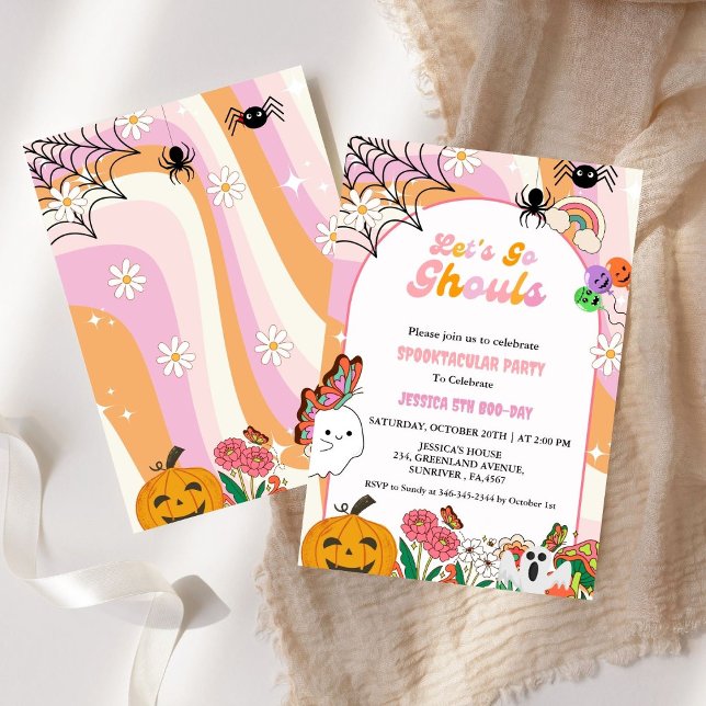 Let's Go Ghouls Halloween Retro Groovy Birthday  Invitation (Creator Uploaded)