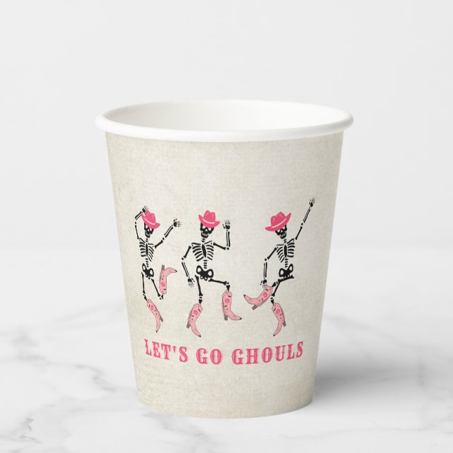 Let's Go Ghouls Halloween Skeletons Pink Cowgirl Paper Cups (Front)