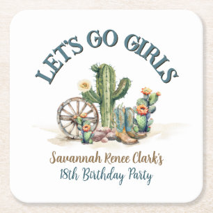 Lets Go Girls Cowgirl Cactus Theme Birthday Party Square Paper Coaster