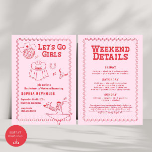 Let's Go Girls Cowgirl Pink and Red Bachelorette  Invitation