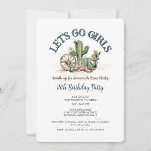Lets Go Girls Cowgirl Western Cactus Birthday Invitation