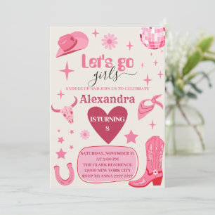 Let's Go Girls Pink disco Cowgirl Rodeo birthday Invitation