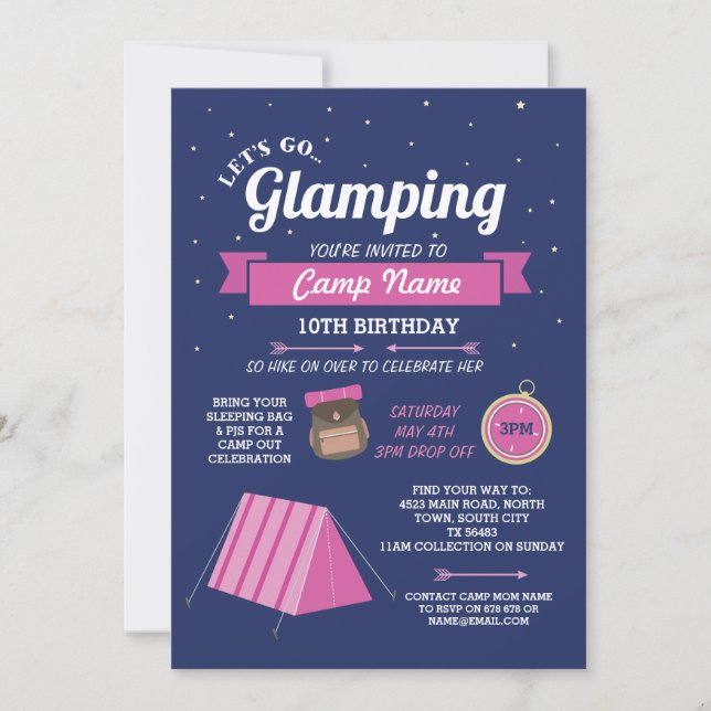 Let's Go Glamping Camp Navy Pink Invitation (Front)