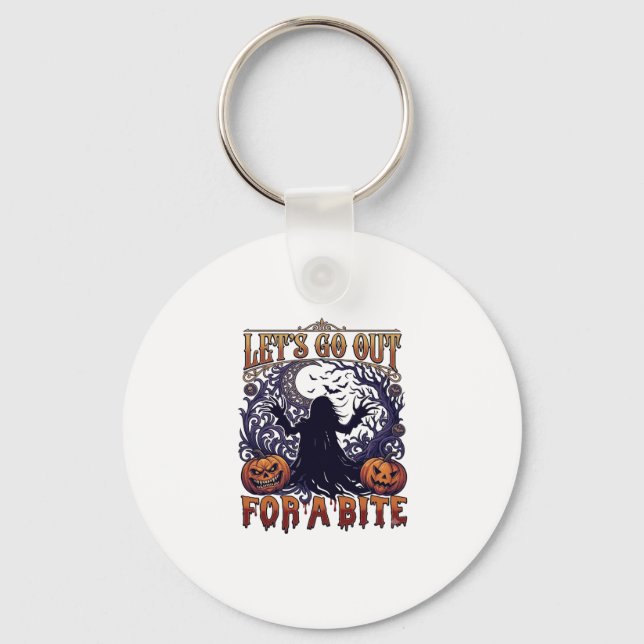 Lets Go Out Bite Ghost Pumpkins Bats Moon Keychain (Front)