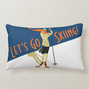 Let's Go Ski! Vintage Design Skiers Lumbar Pillow