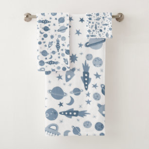 Let's Go to Space Pattern UFO Blue White Bath Towel Set