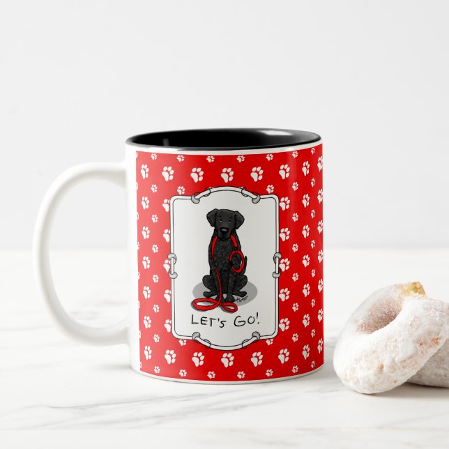 Let's Go! Walk Curly-Coated Retriever Dog (black) Two-Tone Coffee Mug (With Donut)