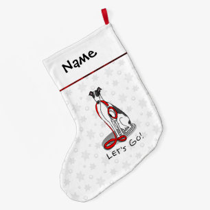 Let's Go! (walk) Greyhound Dog (black white) Funny Large Christmas Stocking