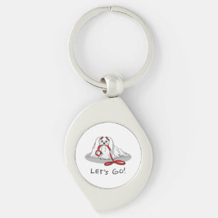 Let's Go! (walk) Maltese Dog with Red Leash Cute F Keychain