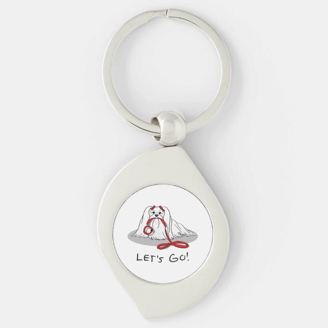 Let's Go! (walk) Maltese Dog with Red Leash Cute F Keychain (Front)