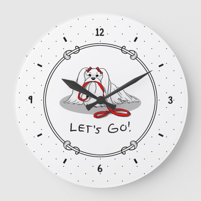 Let's Go! (walk) Maltese Dog with Red Leash Cute F Large Clock (Front)
