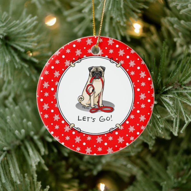 Let's Go! (walk) Pug Dog (light fawn) Leash Cute Ceramic Ornament (Tree)