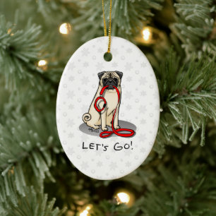 Let's Go! (walk) Pug Dog (light fawn) Leash Cute Ceramic Ornament