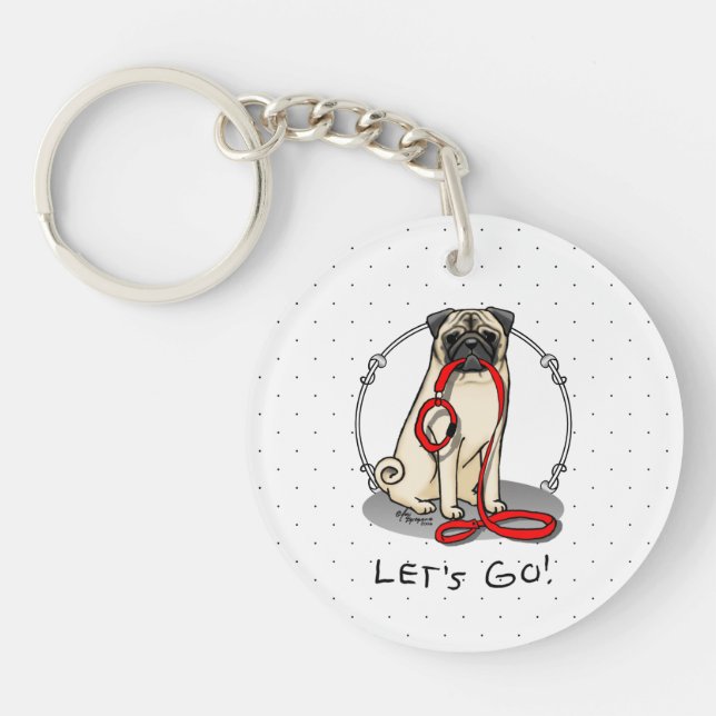 Let's Go! (walk) Pug Dog (light fawn) Leash Cute Keychain (Front)