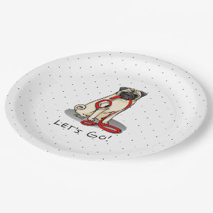 Let's Go! (walk) Pug Dog (light fawn) Leash Cute Paper Plate