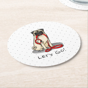 Let's Go! (walk) Pug Dog (light fawn) Leash Cute Round Paper Coaster