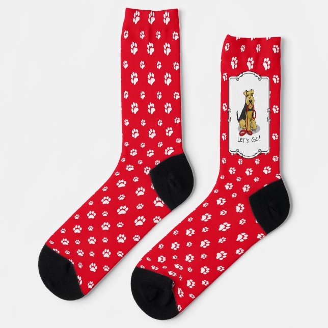 Let's Go! Welsh Terrier Dog with red leash Funny Socks (Left)