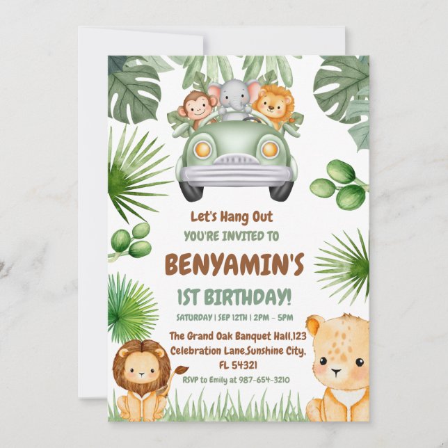  Let's Hang OuT Baby Lion greenery  First birthday Invitation (Front)
