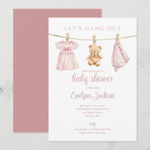 Lets Hang Out Pink Girl Clothesline Baby Shower Invitation