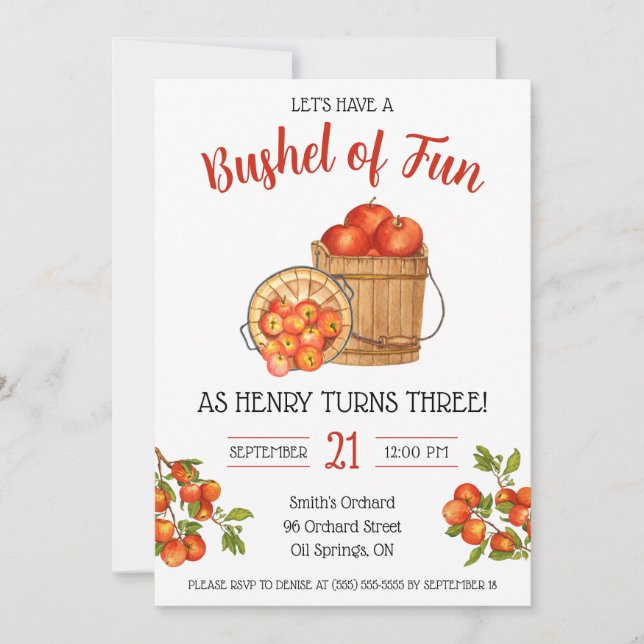 Let's Have a Bushel of Fun!  Apple Birthday Party Invitation (Front)