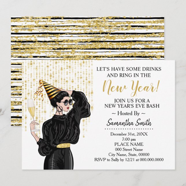 Lets Have a Drink to Ring In The New Year Glitter Invitation (Front/Back)