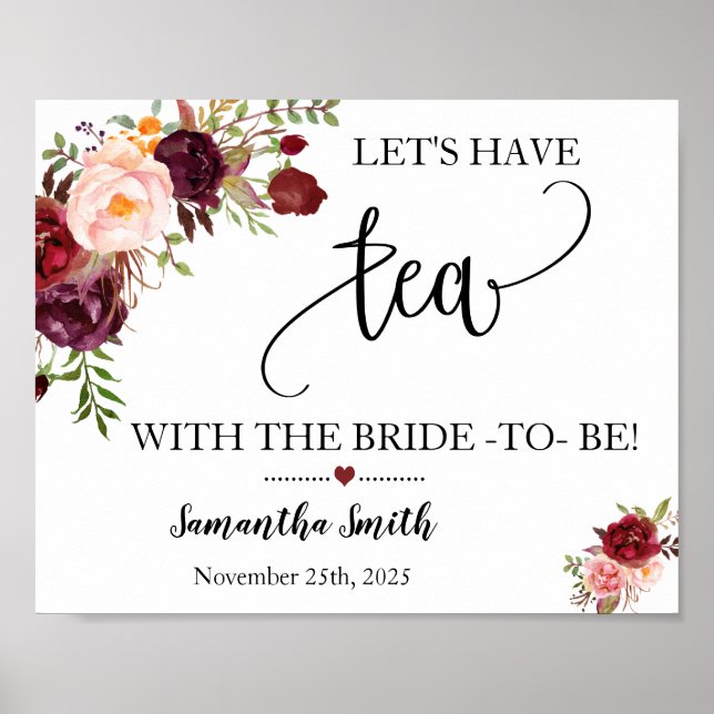 Lets have tea with bride marsala bridal shower poster (Front)