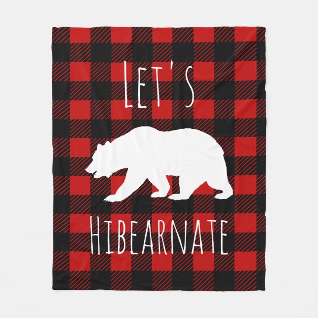 Let's Hibearnate White Bear & Buffalo Check Plaid Fleece Blanket (Front)