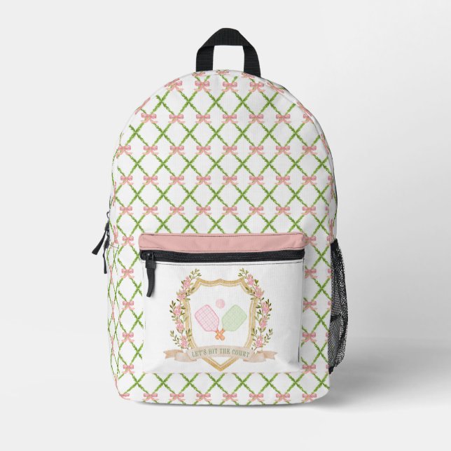 Let's Hit the Court | Preppy Pink Pickle Ball  Printed Backpack (Front)