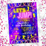 Let's Jump Bounce Neon Pink Trampoline Birthday Invitation<br><div class="desc">Let's Jump Birthday party invitation with vivid neon glow lights in blue and purple,  and text in pink,  white,  and yellow,  great for a trampoline park or bounce house birthday party for girls.</div>