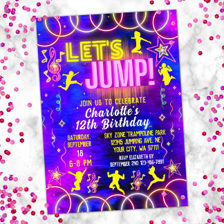 Let's Jump Bounce Neon Pink Trampoline Birthday Invitation