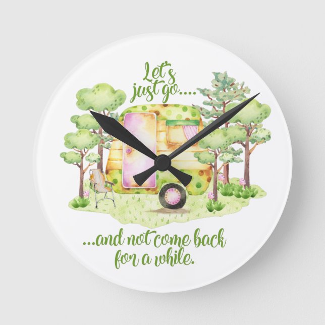 "Let's just go" - Retro Camper Caravan Round Clock (Front)