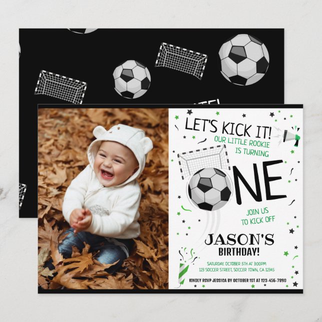 Let's Kick It Black Soccer Photo 1st Birthday Invitation (Front/Back)