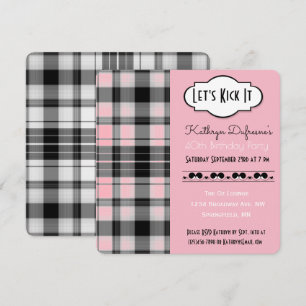 "Let's Kick It" Pink Plaid Birthday Invitation