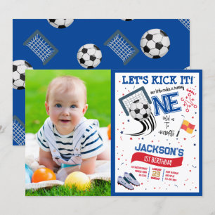 Let's Kick It Rookie Soccer Photo 1st Birthday Invitation