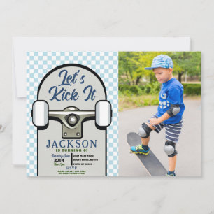 Let's Kick It Skateboard Birthday Boys Blue Photo Invitation