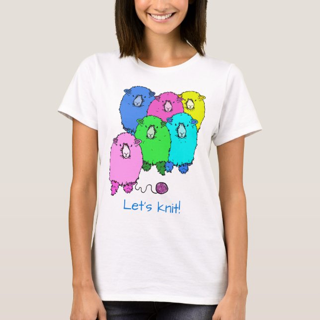 Let's Knit!  Fluffy sheep and yarn personalized T-Shirt (Front)