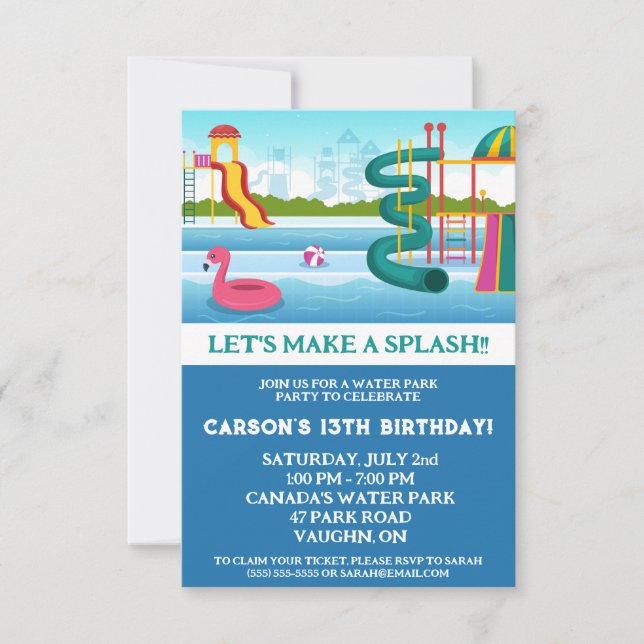 Let's Make a Splash!  Water Park Birthday Party Invitation (Front)