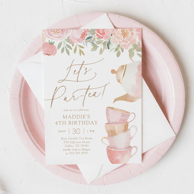 Let's Par-tea Elegant Floral Tea Party Birthday Invitation (Creator Uploaded)