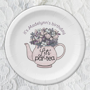 Let's Par-Tea Floral Teapot Girls Birthday Paper Plate