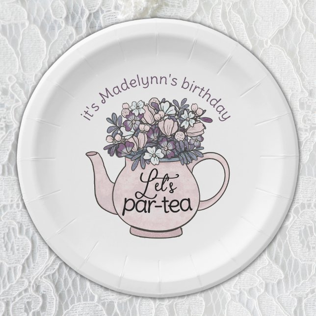 Let's Par-Tea Floral Teapot Girls Birthday Paper Plate (Girls Birthday Tea Party Plates)