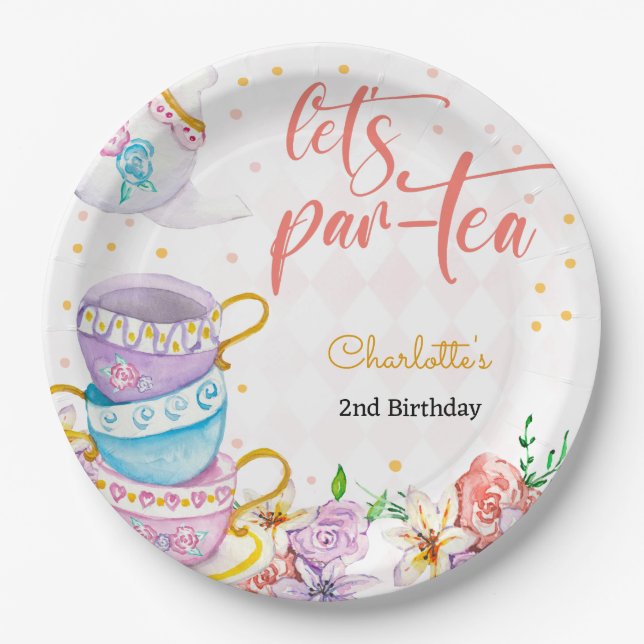 Let's par-tea,  tea birthday paper plate (Front)