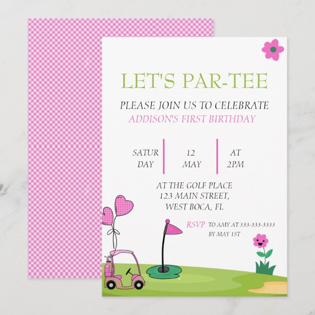 Let's par-tee 1st birthday party, golf birthday invitation (Front/Back)