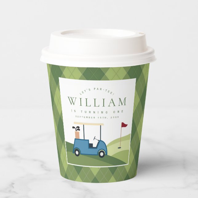 Let's Par Tee Golf Argyle Pattern First Birthday Paper Cups (Front)