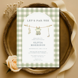 Let's Par-Tee Golf Sage Green Gingham Baby Shower Invitation