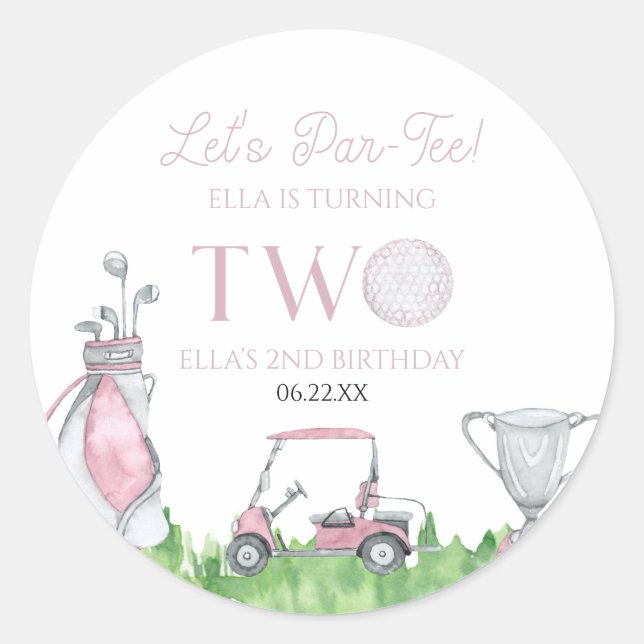 Let's Par-Tee Pink Golf 2nd Birthday Party Classic Round Sticker (Front)