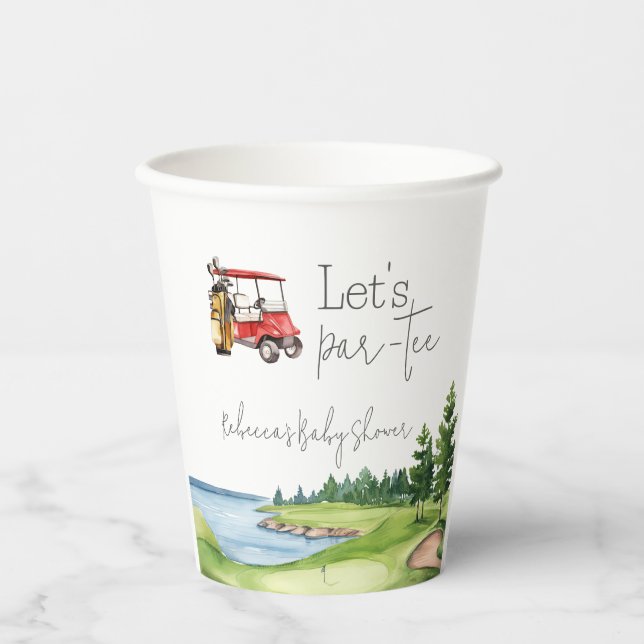Let's Par Tee Red Cart Golf Baby Shower Party Paper Cups (Front)