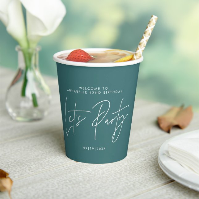 Lets Party Birthday modern minimal typography teal Paper Cups (Insitu)